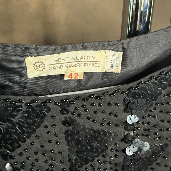Vintage Hand Embroidered Black Sequin Beaded Top Blouse Scallop Hem Size 42 - Picture 6 of 10